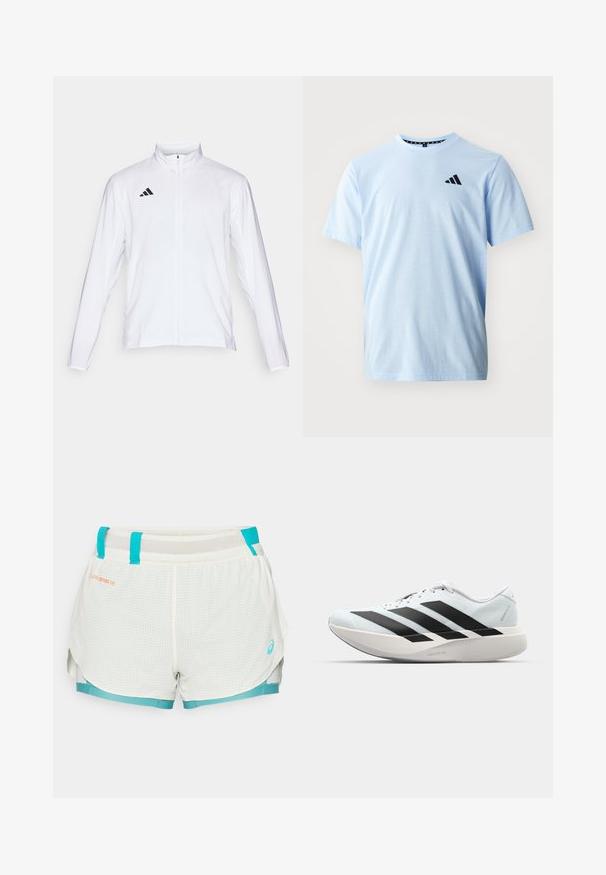 Weiße Sportjacke mit langen Ärmeln, hohem Kragen und durchgehendem Reißverschluss. Mit schwarzem Drei-Streifen-Logo auf der oberen linken Seite.; Helles blaues Baumwoll-T-Shirt mit kurzen Ärmeln, Rundhalsausschnitt und schwarzem Logodetail auf der Brust. Glatte Textur und lässige Passform.; Leichte, mit Netzfutter versehene Shorts in Weiß mit türkisfarbenen Akzenten. Mit Gittermuster, Kordelzugbund und seitlichen Schlitzen für Bewegungsfreiheit.; Leichte Laufschuhe in hellblau mit schwarzen Streifen. Sie verfügen über ein glattes Obermaterial, eine runde Zehenpartie und eine dicke weiße Zwischensohle, die mit "LIGHTSTRIKE PRO" beschriftet ist.