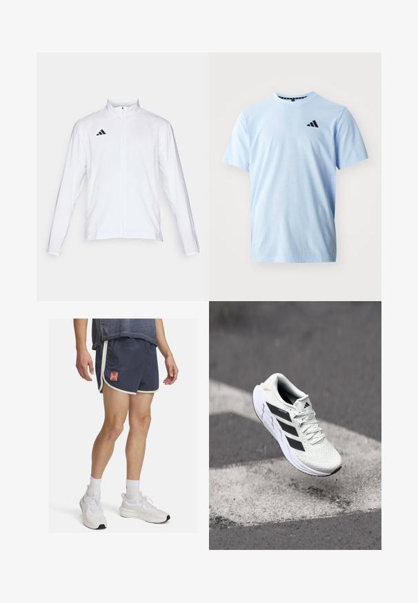 Valge sportlik jakk pikkade varrukatega, kõrge krae ja täispikk lukuga. Omab musta kolme triibu logo vasakul ülal.; Heledsinine puuvillane T-särk lühikeste varrukatega, ümar kaelus ja must logo detail rinnal. Sile tekstuur ja lõdvestunud sobivus.; Tumed sportlikud lühikesed püksid valgete äärtega ja Under Armour'i logoga. Kerge kangas koos tekstuuriga pinnaga, loodud mugavuseks füüsilise tegevuse ajal.; Valge spordijalats tekstuurse võrgu pealmise osaga, mustade triipudega, nööriga kinnitamine ja pehmendatud tallaga, levib märgitud teepinna kohal.