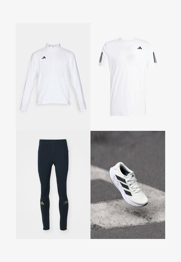 Biała sportowa kurtka z długimi rękawami, wysokim kołnierzem i pełnym zamkiem błyskawicznym. Posiada czarną logo z trzema paskami po lewej stronie u góry.; Biała koszulka z krótkim rękawem, okrągłym dekoltem, wykonana z tkaniny, z trzema czarnymi ukośnymi paskami na każdym rękawie. Subtelne logo na piersi.; adidas Performance BER24 petrol; Białe buty sportowe z teksturowaną siateczką, czarnymi paskami, z zapięciem na sznurowadła i wyściełaną podeszwą, unoszące się nad oznaczoną nawierzchnią drogi.