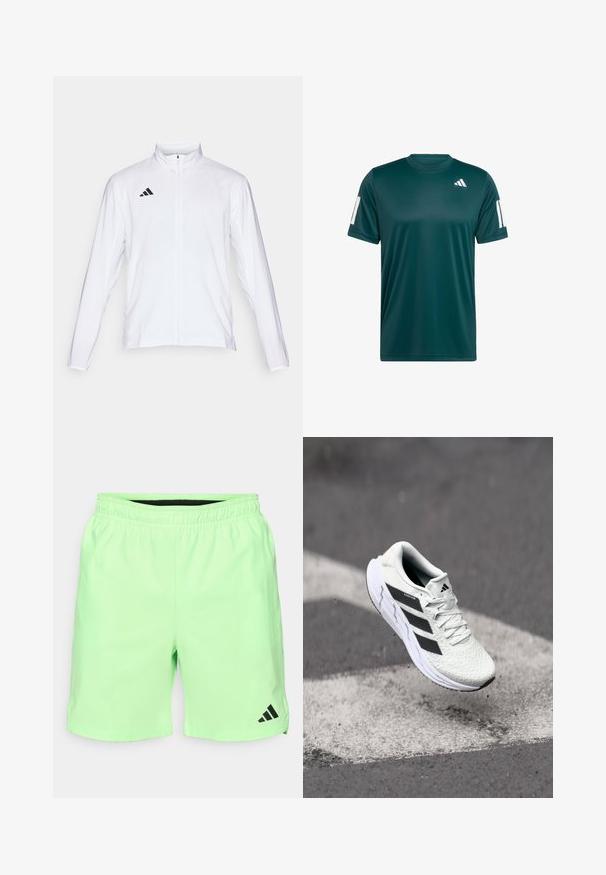 Fehér sportdzseki hosszú ujjal, magas gallérral és teljes hosszúságú cipzárral. A bal felső oldalon fekete háromcsíkos logó található.; Sötétzöld sportpóló, nedvességelvezető anyagból készült, kerek nyakkivágással, rövid ujjakkal és fehér logóval a vállakon.; Világoszöld sportnadrág elasztikus derékkal, oldalsó zsebekkel és fekete Adidas logóval a bal alsó részen. Simább, könnyű anyag.; Fehér sportcipő texturált hálós felsőrésszel, fekete csíkokkal, fűzős záródással és párnázott talppal, egy megjelölt útfelület felett lebeg.