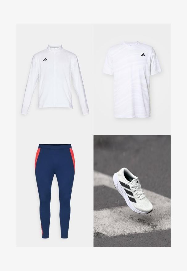Giacca atletica bianca con maniche lunghe, colletto alto e zip lungo. Presenta il logo nero a tre strisce sul lato sinistro superiore.; T-shirt sportivo bianco con un sottile motivo a onde, colletto rotondo, maniche corte e un logo nero con tre strisce sul lato sinistro del petto.; Leggings blu navy in un materiale elasticizzato con pannelli laterali rossi e design aderente. Presentano una vita solida e un logo dettagliato in modo discreto.; Scarpa sportiva bianca con tomaia in rete testurizzata, strisce nere, chiusura con lacci e suola ammortizzata, che levita sopra una superficie stradale segnata.