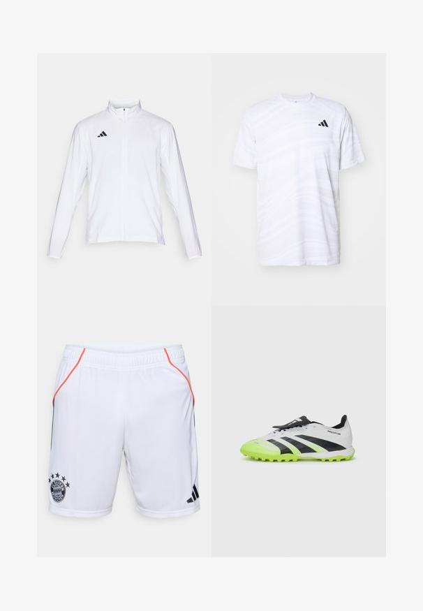 Witte sportjack met lange mouwen, hoge kraag en volledige ritssluiting. Kenmerkt zich door het zwarte drie-streepjeslogo aan de bovenkant aan de linkerkant.; Witte sportt-shirt met een subtiel golvenpatroon, ronde hals, korte mouwen en een zwart logo met drie strepen op de linkerbovenborst.; Witte sportshorts met zwarte en oranje accenten. Voorzien van het FC Bayern München-logo en drie zwarte strepen aan de zijkant. Lichtgewicht materiaal.; Witte en zwarte voetbalschoenen met neon groene accenten. Gelaagd bovenmateriaal, zwarte strepen en gevormde noppen op een contrasterende levendige zool.