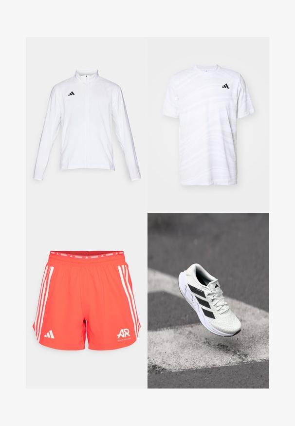 Chaqueta atlética blanca con mangas largas, cuello alto y cremallera completa. Presenta el logotipo de tres franjas en negro en la parte superior izquierda.; Camiseta deportiva blanca con un patrón de olas sutil, cuello redondo, mangas cortas y un logotipo de tres rayas negras en el lado izquierdo del pecho.; Shorts de running rojos con un diseño de tres franjas blancas a los lados, cinturilla elástica con el texto "RUNNING" y el logo "AR" en la parte frontal.; Zapatilla deportiva blanca con parte superior de malla texturizada, rayas negras, cierre de cordones y suela acolchada, levitando sobre una superficie de carretera marcada.