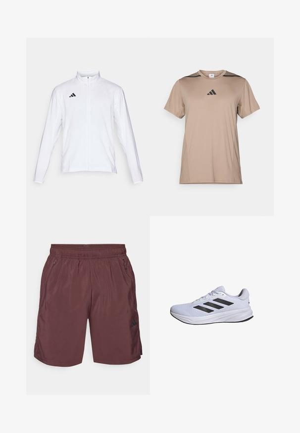Valkoinen urheilutakki pitkillä hihoilla, korkea kaulus ja vetoketju koko pituudeltaan. Oikeassa yläreunassa musta kolmiraidallinen logo.; Saman urheilupaita, joka on valmistettu sileästä kankaasta ja jossa on mustia yksityiskohtia hartioilla sekä musta Adidas-logo keskittyneenä rinnassa.; adidas Performance TR-ES WV SHO - Urheilushortsit - shadow brown/black; adidas Performance RESPONSE - Katujuoksukengät - cloud white core black cloud white