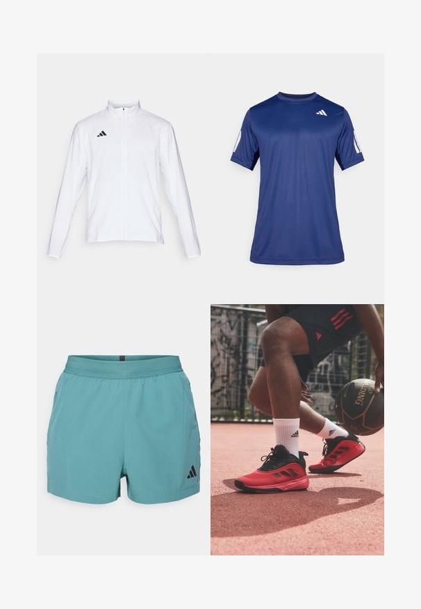 Jachetă sport albă cu mâneci lungi, guler înalt și fermoar pe toată lungimea. Prezintă un logo cu trei dungi negre în partea superioară stângă.; Cămașă sport cu mânecă scurtă de culoare albastră marină, fabricată dintr-un material neted, având guler rotund și un detaliu cu logo alb în partea superioară stângă a pieptului.; Shorts atletici de culoare teal cu un brâu texturat, buzunare laterale și logo-ul Adidas de culoare neagră în partea dreaptă jos. Material ușor.; adidas Performance OWN THE GAME 3 - Ghete baschet - core black/red