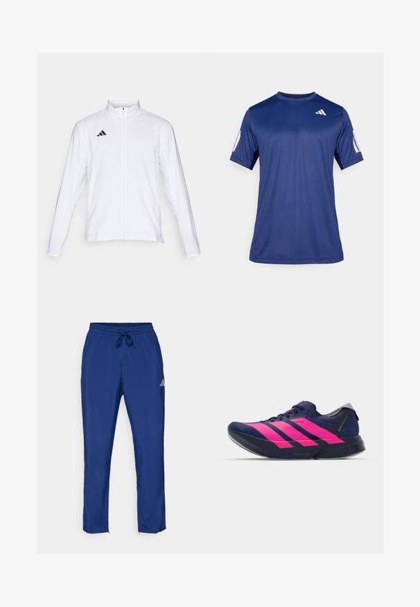 Hvit sportsjakke med lange ermer, høy krage og hel glidelås. Har svart tre-stripes logo på øvre venstre side.; Marineblå, kortermet treningstrøye laget av glatt stoff, med rund hals og en hvit logodetalj på øverste venstre bryst.; Mørkeblå treningsbukser med elastisk liv og snor. Har en subtil logo på siden og glidelåsåpninger ved anklene.; adidas Performance ADIZERO ADIOS PRO 4 - Løpesko for vei - dark blue/shock pink/dash grey