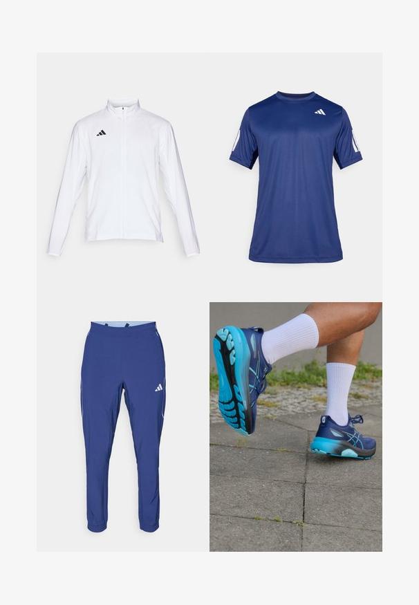 Bílá sportovní bunda s dlouhými rukávy, vysokým límcem a zipem po celé délce. Na horní levé straně je umístěno logo se třemi černými pruhy.; Námořnicky modré sportovní tričko s krátkým rukávem z hladké tkaniny, s kulatým výstřihem a bílým logem na levém horním prsu.; adidas Performance TECH APP - Teplákové kalhoty - dark blue/glow blue; ASICS GEL-KAYANO 31 - Silniční běžecké boty - blue expanse/digital aqua