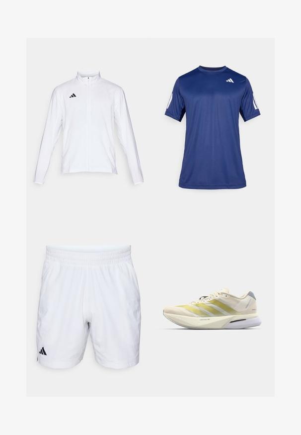 Chaqueta atlética blanca con mangas largas, cuello alto y cremallera completa. Presenta el logotipo de tres franjas en negro en la parte superior izquierda.; Camisa atlética de manga corta en azul marino, fabricada con un tejido suave, que presenta un cuello redondo y un detalle de logo blanco en la parte superior izquierda del pecho.; adidas Performance ERGO SHORTS - Pantalón corto de deporte - white; Zapatilla de running con una parte superior de malla ligera en color crema que presenta rayas amarillas, una entresuela blanca acolchada y un acento en el talón gris.