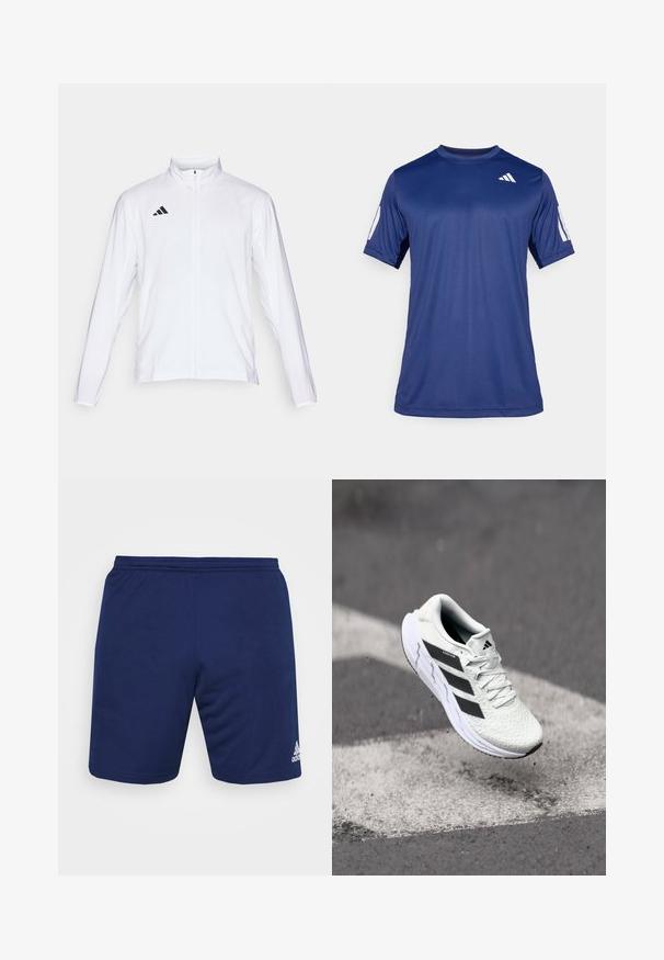 Biela atletická bunda s dlhými rukávmi, vysokým golierom a plným zipsom. Na hornej ľavej strane sa nachádza čierne logo s troma pruhmi.; Námornícky modrá športová košeľa s krátkym rukávom vyrobená z hladkej tkaniny, s okrúhlym výstrihom a bielym logom umiestneným na hornej ľavej strane hrude.; Námornícke športové šortky vyrobené z priedušného materiálu. Majú elastický pás a biele logo Adidas na spodnej pravej strane.; Biele športové tenisky s textúrovaným sieťovaným zvrškom, čiernymi pruhmi, šnurovaním a polstrovanou podrážkou, levitujúce nad označeným povrchom cesty.