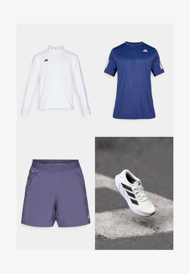 Balta sportinė striukė ilgomis rankovėmis, aukštu kaklu ir pilnu užtrauktuku. Viršutiniame kairiajame kampe yra juodas trijų juostelių logotipas.; Tamsiai mėlyna trumpa rankovė sportinė marškinė, pagaminti iš lygios medžiagos, su apvalia iškirpte ir balto logo detale viršutiniame kairiajame krūtinės kampe.; Vyriški sportiniai šortai purpurinės spalvos, pagaminti iš lengvos medžiagos. Su elastinga juosmeniu ir šoninėmis kišenėmis, ant apvado yra mažas logotipas.; Balti sportiniai batai su tekstūruota tinkleliu viršuje, juodomis juostelėmis, su raištelių uždarymu ir paminkštintu padu, kabo virš pažymėtos kelio dangos.