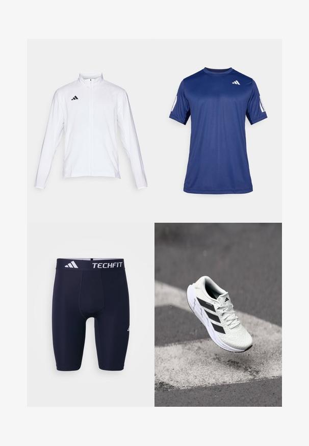 Balta sportinė striukė ilgomis rankovėmis, aukštu kaklu ir pilnu užtrauktuku. Viršutiniame kairiajame kampe yra juodas trijų juostelių logotipas.; Tamsiai mėlyna trumpa rankovė sportinė marškinė, pagaminti iš lygios medžiagos, su apvalia iškirpte ir balto logo detale viršutiniame kairiajame krūtinės kampe.; Jūrų mėlynumo TECHFIT sportiniai šortai su prigludusia išvaizda, elastinga juosta su balta prekės ženklo ženklinimu ir lygiu, tampriu audiniu.; Balti sportiniai batai su tekstūruota tinkleliu viršuje, juodomis juostelėmis, su raištelių uždarymu ir paminkštintu padu, kabo virš pažymėtos kelio dangos.
