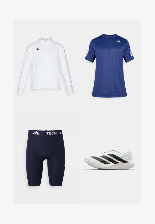 Jachetă sport albă cu mâneci lungi, guler înalt și fermoar pe toată lungimea. Prezintă un logo cu trei dungi negre în partea superioară stângă.; Cămașă sport cu mânecă scurtă de culoare albastră marină, fabricată dintr-un material neted, având guler rotund și un detaliu cu logo alb în partea superioară stângă a pieptului.; Shorts atletici TECHFIT de culoare bleumarin, cu un design ajustat, talie elastică cu branding alb și material neted, elastic.; Pantofi de alergare ușori în albastru deschis cu dungi negre. Au un superior neted, vârf rotund și o intermediară groasă albă etichetată "LIGHTSTRIKE PRO."