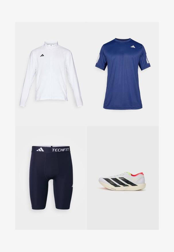 Fehér sportdzseki hosszú ujjal, magas gallérral és teljes hosszúságú cipzárral. A bal felső oldalon fekete háromcsíkos logó található.; Tengerészkék, rövid ujjú, sportos póló sima anyagból, kerek nyakkivágással, a bal felső mellrészen fehér logó részlettel.; Tengerészkék TECHFIT sportnadrág, testhezálló kialakítással, fehér márkajelzést tartalmazó rugalmas derékpánttal és sima, rugalmas anyaggal.; Fehér futócipő fekete csíkokkal, neon zöld részletekkel és piros sarokkal. Könnyű dizájnnal és texturált talppal rendelkezik a tapadás érdekében.