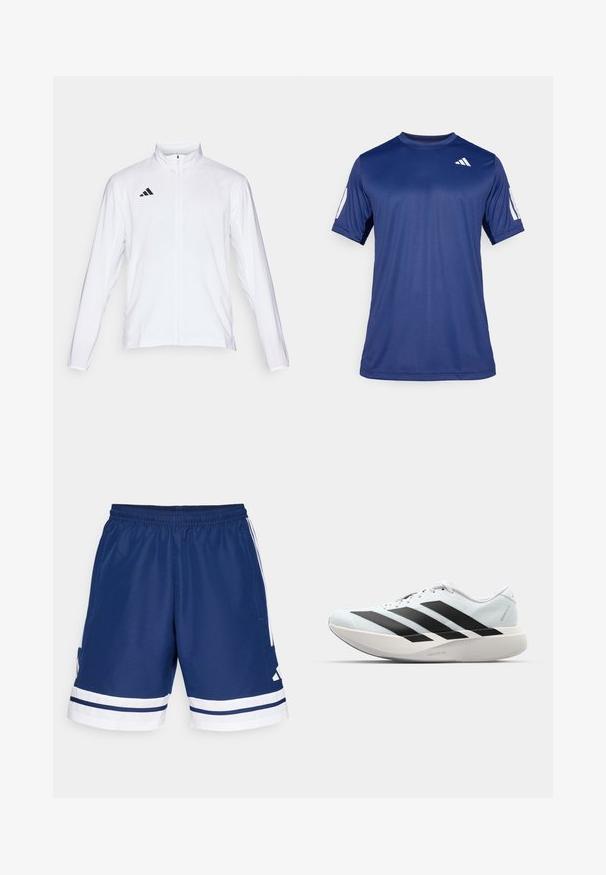 Jachetă sport albă cu mâneci lungi, guler înalt și fermoar pe toată lungimea. Prezintă un logo cu trei dungi negre în partea superioară stângă.; Cămașă sport cu mânecă scurtă de culoare albastră marină, fabricată dintr-un material neted, având guler rotund și un detaliu cu logo alb în partea superioară stângă a pieptului.; Pantaloni scurți sport navy, cu un elastic flexibil în talie, accente albe și buzunare laterale. Prezintă dungi albe la margine. Material din poliester.; Pantofi de alergare ușori în albastru deschis cu dungi negre. Au un superior neted, vârf rotund și o intermediară groasă albă etichetată "LIGHTSTRIKE PRO."