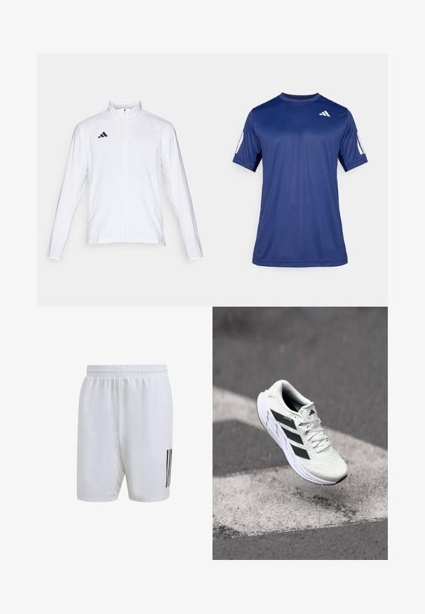 Valkoinen urheilutakki pitkillä hihoilla, korkea kaulus ja vetoketju koko pituudeltaan. Oikeassa yläreunassa musta kolmiraidallinen logo.; T-paita tummansinisestä lyhythihaisesta urheiluvaatetuksesta, joka on valmistettu sileästä kankaasta. Paitassa on pyöreä pääntie ja valkoinen logo vasemmassa rintakehässä.; adidas Performance CLUB 3-STRIPES TENNIS - Urheilushortsit - white; Valkoinen urheilujalkine, jossa on teksturoitu verkkomateriaali, mustat raidat, nauhakiinnitys ja pehmustettu pohja, leijuu merkittyjen tienpintojen yllä.