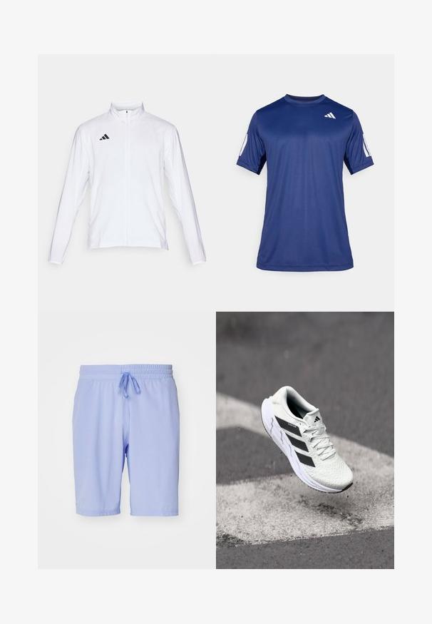 Valge sportlik jakk pikkade varrukatega, kõrge krae ja täispikk lukuga. Omab musta kolme triibu logo vasakul ülal.; Tume sinine lühikeste varrukatega spordisärk, mis on valmistatud siledast kangast, ümmarguse kaelaauguga ja valge logoga vasakul ülemisel rinnaosal.; adidas Performance TENNIS ERGO - Spordišortsid - blue spark; Valge spordijalats tekstuurse võrgu pealmise osaga, mustade triipudega, nööriga kinnitamine ja pehmendatud tallaga, levib märgitud teepinna kohal.