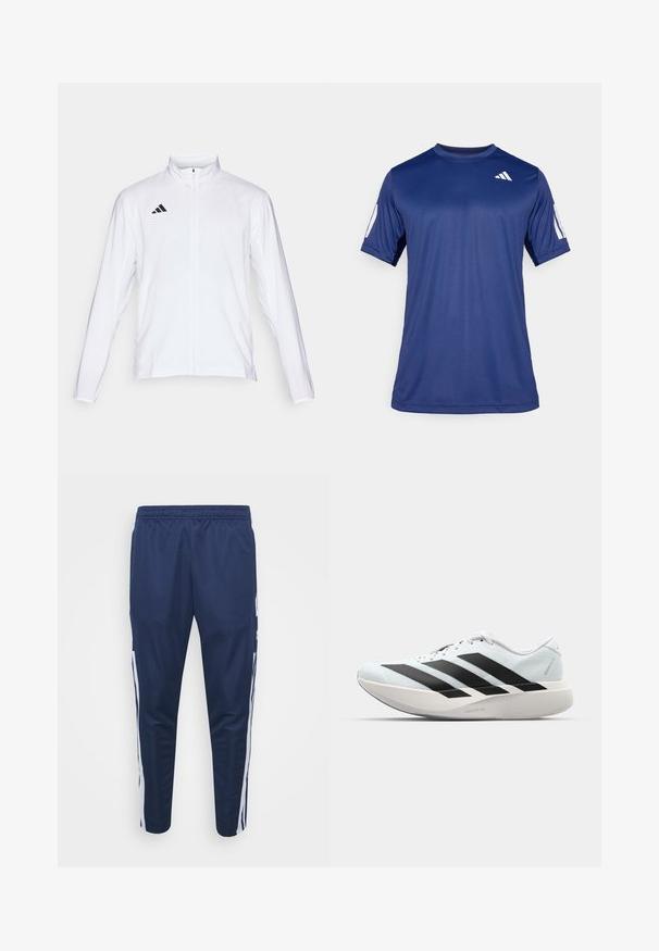 White athletic jacket with long sleeves, high collar, and full-length zipper. Features black three-stripe logo on the upper left side.; Navy blue short-sleeve athletic shirt made of smooth fabric, featuring a crew neck and a white logo detail on the upper left chest.; Navy athletic joggers with a stretchy waistband, tapered legs, and white side stripes. Made from lightweight, smooth fabric.; Lightweight running shoes in pale blue with black stripes. Features a smooth upper, round toe, and thick white midsole labeled "LIGHTSTRIKE PRO."