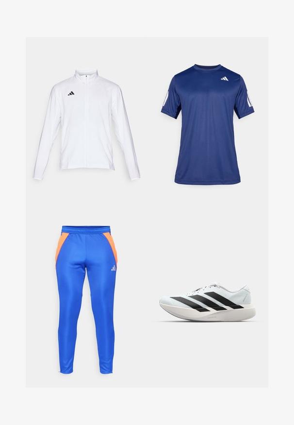 Weiße Sportjacke mit langen Ärmeln, hohem Kragen und durchgehendem Reißverschluss. Mit schwarzem Drei-Streifen-Logo auf der oberen linken Seite.; Marineblaue kurzärmelige Sportshirt aus glattem Material, mit Rundhalsausschnitt und einem weißen Logodetail auf der oberen linken Brust.; Blaue Sporthosen mit orangefarbenen Seitenakzenten, aus glattem, dehnbarem Material. Sie verfügen über einen elastischen Bund und ein kleines Logo.; Leichte Laufschuhe in hellblau mit schwarzen Streifen. Sie verfügen über ein glattes Obermaterial, eine runde Zehenpartie und eine dicke weiße Zwischensohle, die mit "LIGHTSTRIKE PRO" beschriftet ist.