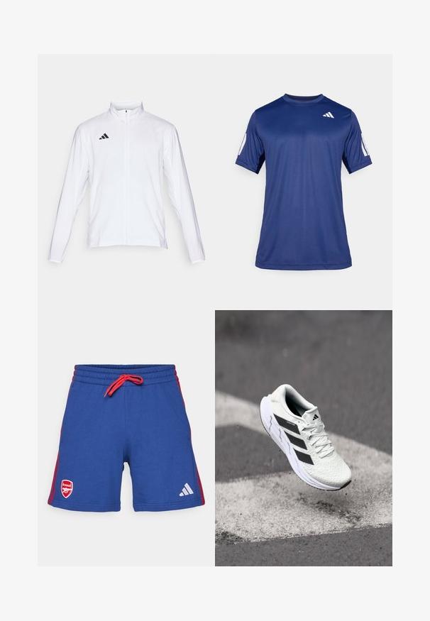 Fehér sportdzseki hosszú ujjal, magas gallérral és teljes hosszúságú cipzárral. A bal felső oldalon fekete háromcsíkos logó található.; Tengerészkék, rövid ujjú, sportos póló sima anyagból, kerek nyakkivágással, a bal felső mellrészen fehér logó részlettel.; Kék sportnadrág piros húzózsinórral és oldalsó csíkkal. A bal lábon Arsenal logó, a jobbon pedig Adidas logó található.; Fehér sportcipő texturált hálós felsőrésszel, fekete csíkokkal, fűzős záródással és párnázott talppal, egy megjelölt útfelület felett lebeg.