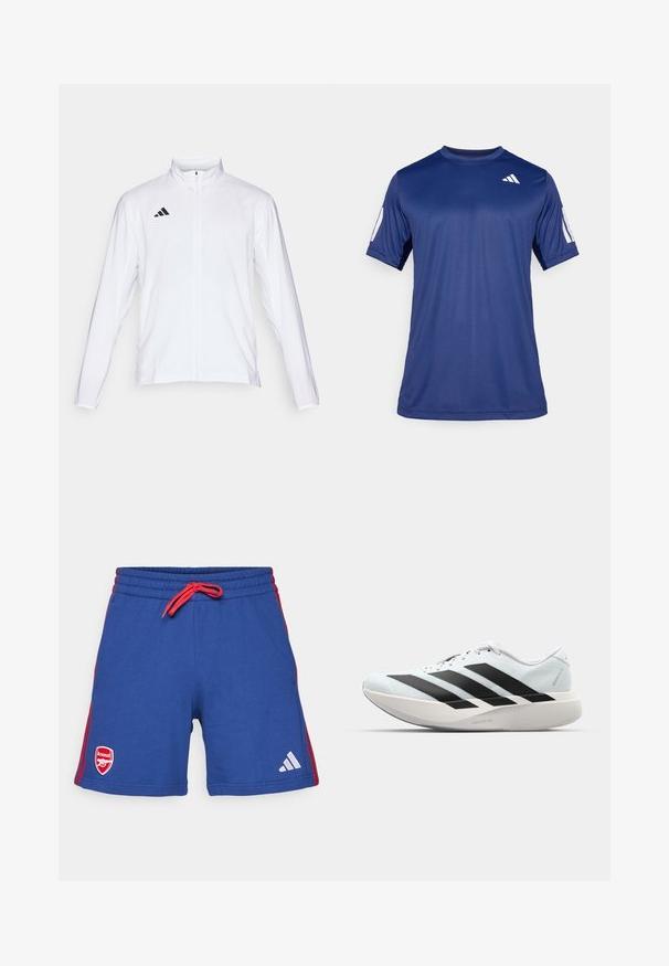 Balta sportinė striukė ilgomis rankovėmis, aukštu kaklu ir pilnu užtrauktuku. Viršutiniame kairiajame kampe yra juodas trijų juostelių logotipas.; Tamsiai mėlyna trumpa rankovė sportinė marškinė, pagaminti iš lygios medžiagos, su apvalia iškirpte ir balto logo detale viršutiniame kairiajame krūtinės kampe.; Mėlyni sportiniai šortai su raudona raišteliu ir šoninėmis juostelėmis. Kairiajame šone yra Arsenalo logotipas, o dešiniajame - Adidas logotipas.; Lengvi bėgimo batai šviesiai mėlynos spalvos su juodomis juostelėmis. Yra lygus viršus, apvalus pirštas ir storas baltas vidpadis su užrašu "LIGHTSTRIKE PRO."