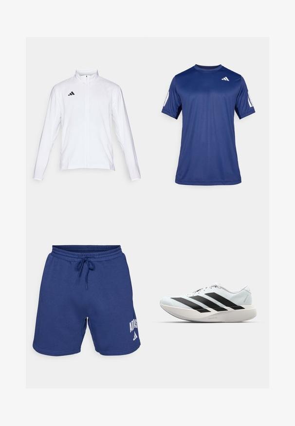 Hvit sportsjakke med lange ermer, høy krage og hel glidelås. Har svart tre-stripes logo på øvre venstre side.; Marineblå, kortermet treningstrøye laget av glatt stoff, med rund hals og en hvit logodetalj på øverste venstre bryst.; Blå idrettsshorts laget av myk stoff. Har en elastisk midje med snøring og trykket Adidas-logo i hvitt.; Lette løpesko i lys blå med svarte striper. Har en myk overdel, rund tå og tykk hvit mellomsole merket "LIGHTSTRIKE PRO."