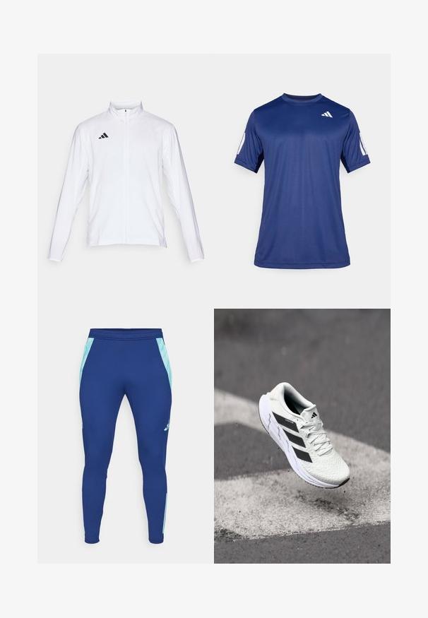 White athletic jacket with long sleeves, high collar, and full-length zipper. Features black three-stripe logo on the upper left side.; Navy blue short-sleeve athletic shirt made of smooth fabric, featuring a crew neck and a white logo detail on the upper left chest.; Navy blue athletic leggings made of stretchy material, featuring light blue side panels and a fitted design with a narrow cuff at the ankle.; White athletic shoe with textured mesh upper, black stripes, lace closure, and a cushioned sole, levitating above a marked road surface.