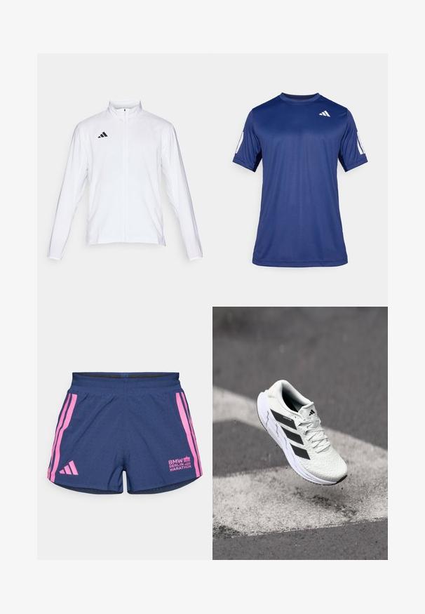 Hvid atletisk jakke med lange ærmer, høj krave og fuld lynlås. Har et sort tre-stripes logo på den øverste venstre side.; Marineblå kortærmet træningsskjorte lavet af glat stof, med rund hals og en hvid logo detalje på øverste venstre bryst.; adidas Performance BER25 SPLIT SHORT - Korte sportsbukser - collegiate navy; Hvid atletisk sko med tekstureret netoverdel, sorte striber, snørebåndslukning og en polstret sål, som svæver over en markeret vejoverflade.