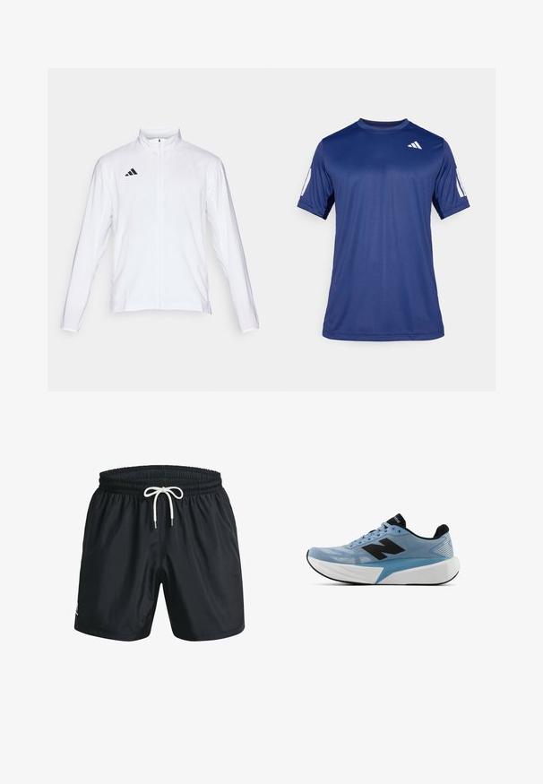 Chaqueta atlética blanca con mangas largas, cuello alto y cremallera completa. Presenta el logotipo de tres franjas en negro en la parte superior izquierda.; Camisa atlética de manga corta en azul marino, fabricada con un tejido suave, que presenta un cuello redondo y un detalle de logo blanco en la parte superior izquierda del pecho.; Bañador negro hecho de tela ligera, con una cintura elástica y cordón blanco, además de bolsillos laterales. Textura suave, diseño sencillo.; Zapatilla de correr azul claro con logo negro, suela blanca gruesa y forro interior negro, vista de lado sobre un fondo blanco.
