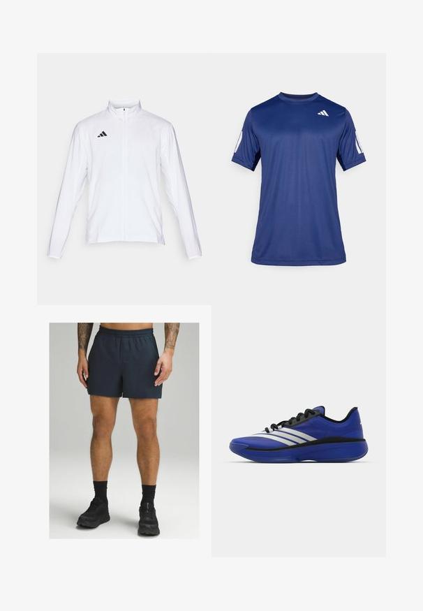 Valge sportlik jakk pikkade varrukatega, kõrge krae ja täispikk lukuga. Omab musta kolme triibu logo vasakul ülal.; Tume sinine lühikeste varrukatega spordisärk, mis on valmistatud siledast kangast, ümmarguse kaelaauguga ja valge logoga vasakul ülemisel rinnaosal.; Tumed sinise värviga spordilühikesed püksid elastse vöökohtaga, valmistatud kergest materjalist. Sile tekstuur ja põlvedest kõrgem pikkus.; adidas Performance ADIZERO SELECT 3.0 - Korvpallijalatsid - lucid blue/core black/metallic