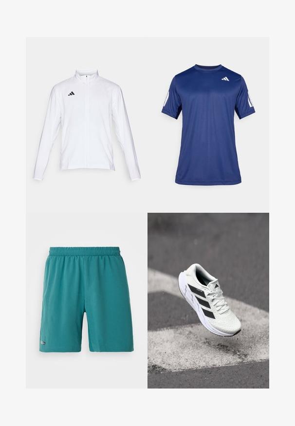 Hvit sportsjakke med lange ermer, høy krage og hel glidelås. Har svart tre-stripes logo på øvre venstre side.; Marineblå, kortermet treningstrøye laget av glatt stoff, med rund hals og en hvit logodetalj på øverste venstre bryst.; Teal elastiske shorts med høy livvidde og en liten "Climacool" merkelapp nær kanten på venstre ben, vist på en hvit bakgrunn.; Hvit sportsko med teksturert mesh-overdel, svarte striper, snøring og en polstret såle, svevende over en markert veidoverflate.