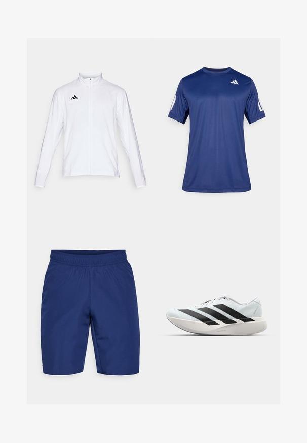 Hvit sportsjakke med lange ermer, høy krage og hel glidelås. Har svart tre-stripes logo på øvre venstre side.; Marineblå, kortermet treningstrøye laget av glatt stoff, med rund hals og en hvit logodetalj på øverste venstre bryst.; Marineblå treningsshorts laget av teksturert stoff, med elastisk midjebånd og en liten logo i siden.; Lette løpesko i lys blå med svarte striper. Har en myk overdel, rund tå og tykk hvit mellomsole merket "LIGHTSTRIKE PRO."