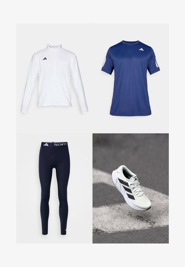 Valkoinen urheilutakki pitkillä hihoilla, korkea kaulus ja vetoketju koko pituudeltaan. Oikeassa yläreunassa musta kolmiraidallinen logo.; T-paita tummansinisestä lyhythihaisesta urheiluvaatetuksesta, joka on valmistettu sileästä kankaasta. Paitassa on pyöreä pääntie ja valkoinen logo vasemmassa rintakehässä.; Techfit urheilulegginsit tummansinisenä, joustavasta kankaasta valmistettu. Ominaisuuksiin kuuluu leveä vyötärö, jossa on logo, sileä pinta ja hyvin istuva muotoilu.; Valkoinen urheilujalkine, jossa on teksturoitu verkkomateriaali, mustat raidat, nauhakiinnitys ja pehmustettu pohja, leijuu merkittyjen tienpintojen yllä.