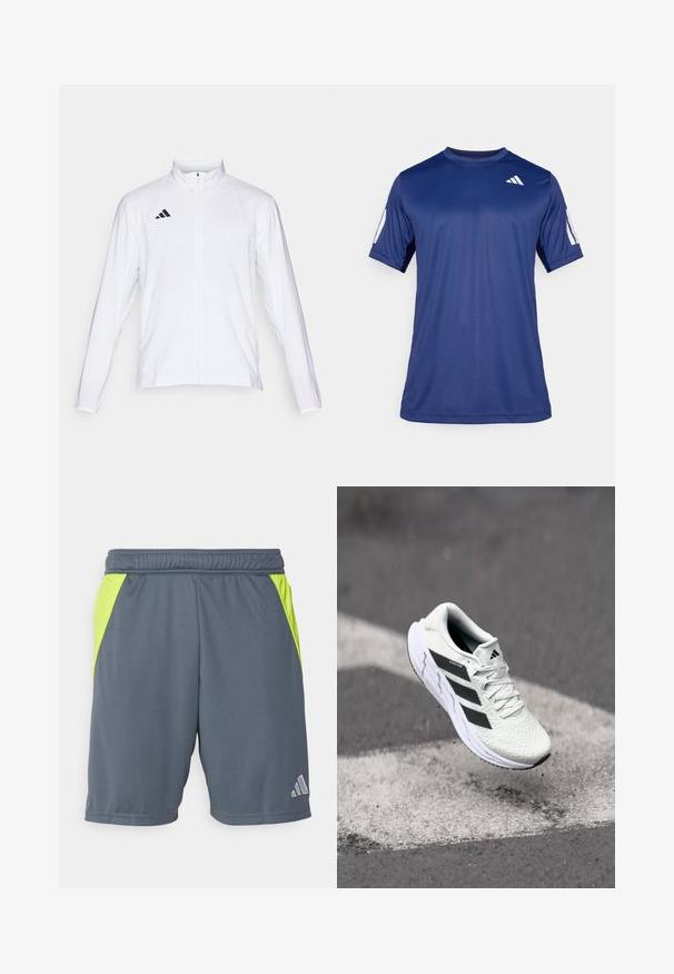 Jachetă sport albă cu mâneci lungi, guler înalt și fermoar pe toată lungimea. Prezintă un logo cu trei dungi negre în partea superioară stângă.; Cămașă sport cu mânecă scurtă de culoare albastră marină, fabricată dintr-un material neted, având guler rotund și un detaliu cu logo alb în partea superioară stângă a pieptului.; Shorts atletici gri cu panouri laterale verzi neon, talie elastică și un mic logo argintiu în partea dreaptă jos. Textură de țesătură netedă.; Adidași albi cu partea superioară din plasă texturată, dungi negre, închidere cu șireturi și talpă căptușită, levitând deasupra unei suprafețe de drum marcate.