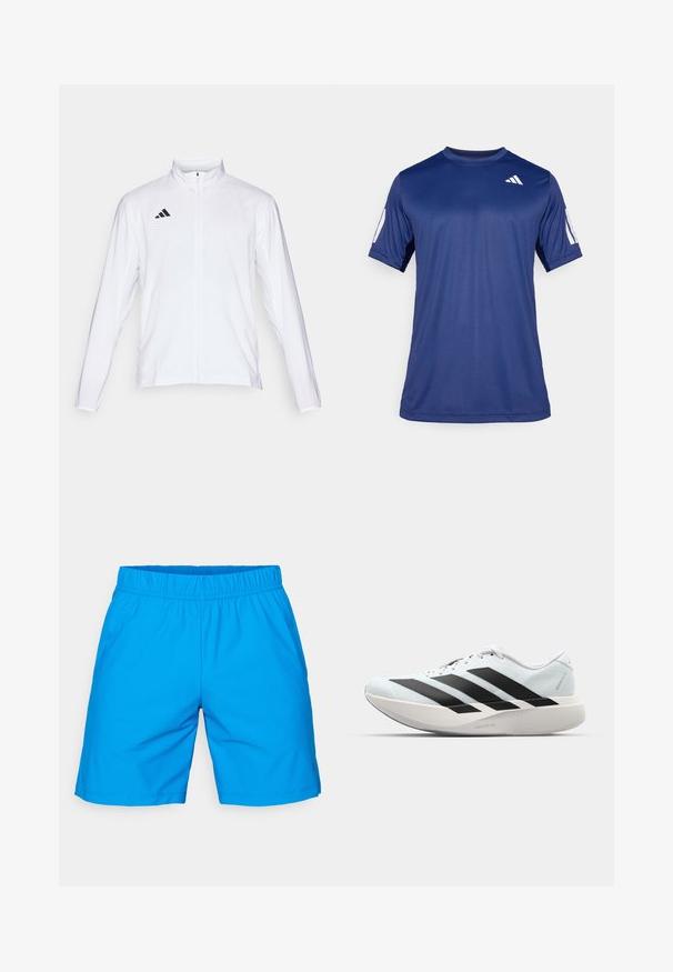 Balta sportinė striukė ilgomis rankovėmis, aukštu kaklu ir pilnu užtrauktuku. Viršutiniame kairiajame kampe yra juodas trijų juostelių logotipas.; Tamsiai mėlyna trumpa rankovė sportinė marškinė, pagaminti iš lygios medžiagos, su apvalia iškirpte ir balto logo detale viršutiniame kairiajame krūtinės kampe.; Mėlynos, lengvos maudymosi šortai su elastinga juosta, lygiu paviršiumi ir šoninėmis kišenėmis. Paprastas dizainas be raštų ar akcentų.; Lengvi bėgimo batai šviesiai mėlynos spalvos su juodomis juostelėmis. Yra lygus viršus, apvalus pirštas ir storas baltas vidpadis su užrašu "LIGHTSTRIKE PRO."