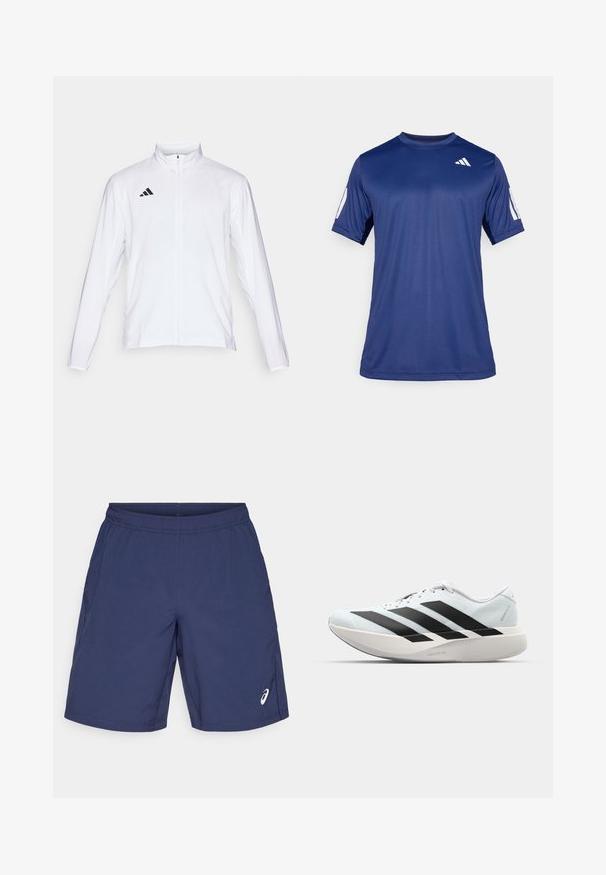 Vit sportjacka med långa ärmar, hög krage och hel dragkedja. Har en svart logotyp med tre ränder på övre vänstra sidan.; Marinblåt kortärmad träningsskjorta i ett mjukt tyg, med rund halsringning och en vit logotypdetalj på övre vänstra bröstet.; Mörkblå shorts i lätt material, med elastisk midja och sidofickor. Logotypen visas på nedre vänstra delen.; Lätta löparskor i ljusblått med svarta ränder. Har en slät ovandel, rund tå och tjock vit mellansula märkt "LIGHTSTRIKE PRO."