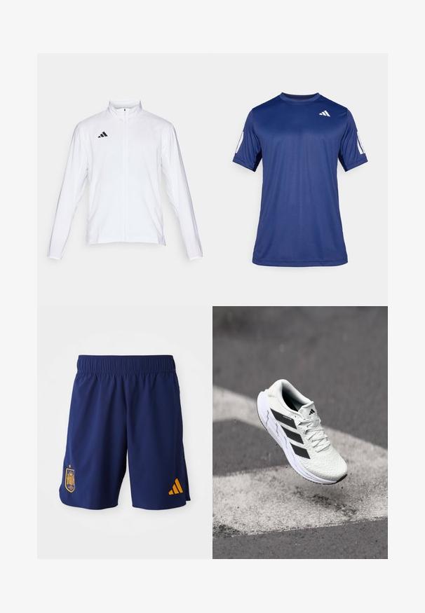 Casaco atlético branco com mangas longas, gola alta e fecho de correr completo. Apresenta o logo preto de três riscas no lado superior esquerdo.; Camisola atlética de manga curta azul marinho, feita de tecido suave, com decote redondo e um detalhe do logótipo branco na parte superior esquerda do peito.; Calções de atletismo em azul-marinho, feitos de tecido leve, com um cós elástico, logo da seleção nacional da Espanha em dourado e detalhes em laranja da Adidas.; Shoe atlético branco com parte superior em malha texturizada, riscas pretas, fecho de atacadores e sola almofadada, a flutuar acima de uma superfície de estrada marcada.