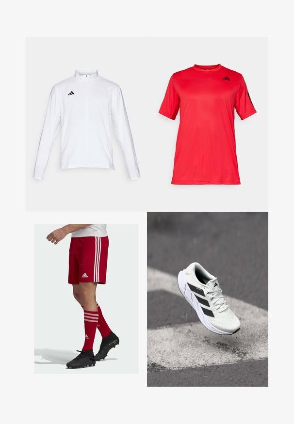 Balta sportinė striukė ilgomis rankovėmis, aukštu kaklu ir pilnu užtrauktuku. Viršutiniame kairiajame kampe yra juodas trijų juostelių logotipas.; Raudona trumpa rankovė sportinė marškinė su apvalia iškirpte, pagaminti iš sklandžios, lengvos medžiagos; juodos spalvos logotipas krūtinėje ir ant rankovių.; Raudoni futbolo šortai su trimis baltais dryžiais šonuose, derinami su raudonomis kojinėmis su baltais dryžiais ir juodais batais su auksinėmis detalėmis.; Balti sportiniai batai su tekstūruota tinkleliu viršuje, juodomis juostelėmis, su raištelių uždarymu ir paminkštintu padu, kabo virš pažymėtos kelio dangos.