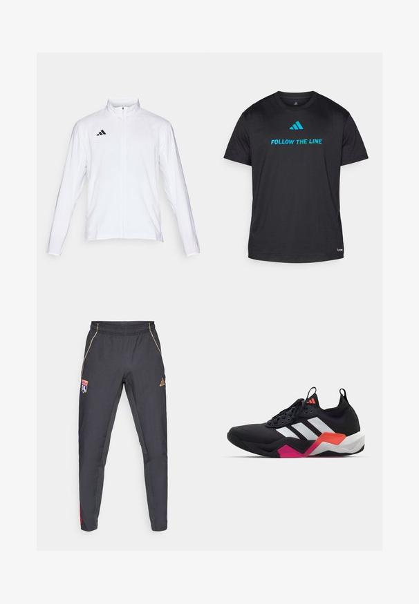 Casaco atlético branco com mangas longas, gola alta e fecho de correr completo. Apresenta o logo preto de três riscas no lado superior esquerdo.; T-shirt atlético preto feito de tecido leve, apresentando "SEGUIR A LINHA" em azul brilhante e um pequeno logótipo perto da bainha.; Calças de desporto cinza-escuras com destaques dourados, apresentando uma faixa na cintura, um emblema e detalhes laterais em vermelho e azul. Textura do tecido suave.; Sapatilha atlética preta com riscas brancas, parte superior texturizada e sola robusta com detalhes em laranja, rosa e branco. Design com atacadores e alça de puxar.