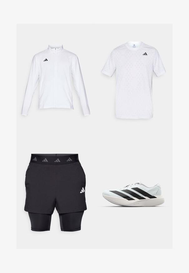 Balta sporta jaka ar garām piedurknēm, augstu apkakli un pilna garuma rāvējslēdzēju. Uz augšējās kreisās puses ir melna trīslīniju logo.; Balta īsām piedurknēm T-kreklā ar vieglu dimanta rakstu, izgatavota no viegla auduma, ar melnu adidas logo uz krūts.; Melni sporta šorti ar iekšējo slāni. Tekstūrēts audums ārējiem šortiem ar modeļa elastīgu jostu un logotipa akcentu.; Gaiši zili vieglie skriešanas apavi ar melniem svītrainiem. Iezīmēti ar gludu augšpusi, apaļu purngalu un biezāko balto vidējo zoli, kurā ir uzraksts "LIGHTSTRIKE PRO."