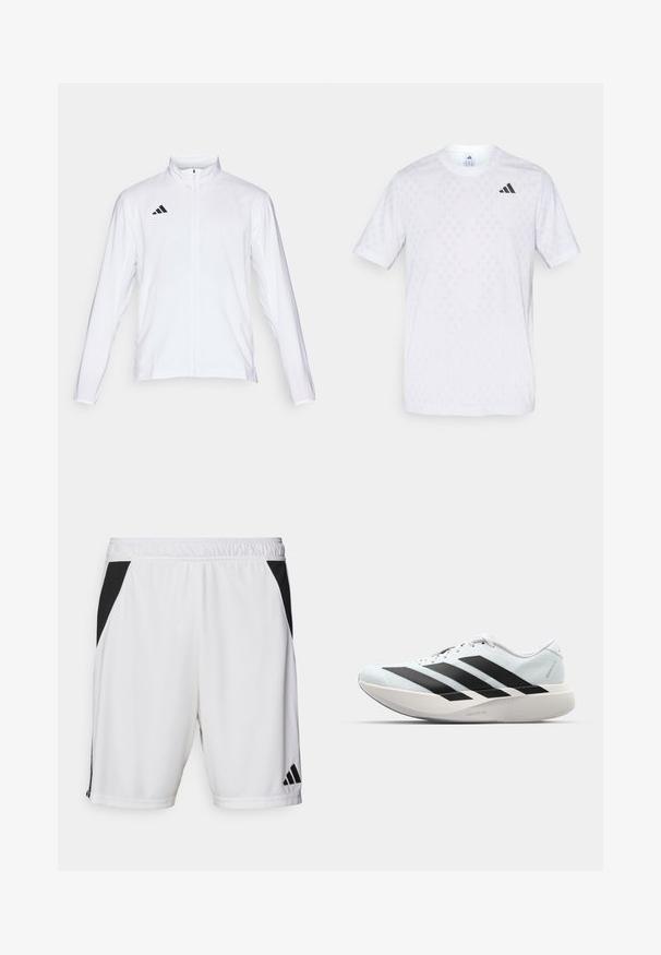 White athletic jacket with long sleeves, high collar, and full-length zipper. Features black three-stripe logo on the upper left side.; White short-sleeve t-shirt featuring a subtle diamond pattern, made from lightweight fabric, with a black adidas logo on the chest.; White athletic shorts with a black side panel, elastic waistband, and Adidas logo on the lower right leg. Made from lightweight fabric.; Lightweight running shoes in pale blue with black stripes. Features a smooth upper, round toe, and thick white midsole labeled "LIGHTSTRIKE PRO."