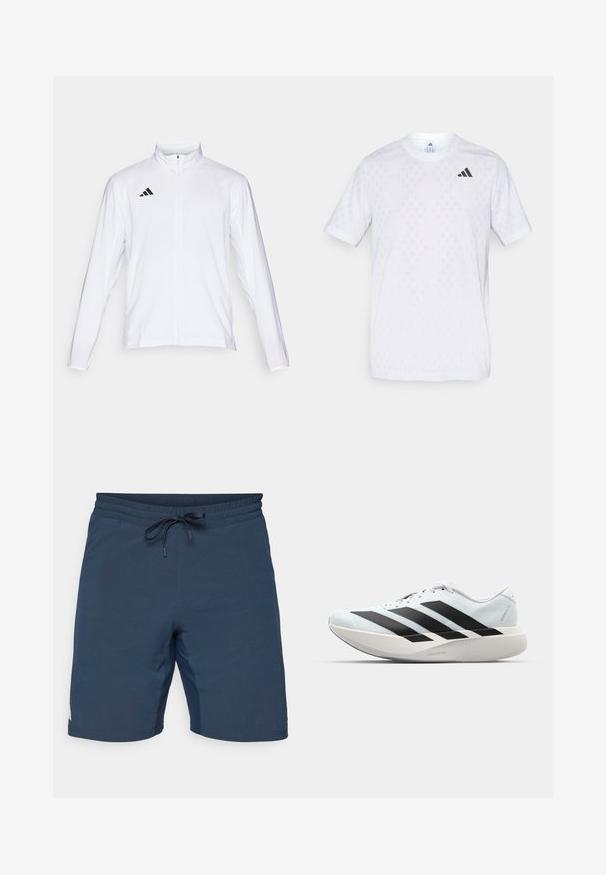 Witte sportjack met lange mouwen, hoge kraag en volledige ritssluiting. Kenmerkt zich door het zwarte drie-streepjeslogo aan de bovenkant aan de linkerkant.; Witte t-shirt met korte mouwen, voorzien van een subtiel ruitpatroon, gemaakt van lichte stof, met een zwart adidas-logo op de borst.; adidas Performance TENNIS ERGO - Korte broeken - aurora ink; Lichte hardloopschoenen in lichtblauw met zwarte strepen. Beschikt over een soepele bovenkant, ronde neusstuk en dikke witte tussenzool met het label "LIGHTSTRIKE PRO."