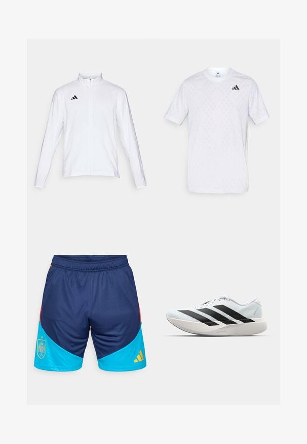 Bijela sportska jakna dugih rukava, s visokim ovratnikom i punim patentnim zatvaračem. Ima crni logo s tri pruge na gornjoj lijevoj strani.; Bijela kratkotrajna majica s kratkim rukavima koja se ističe suptilnim dijamantnim uzorkom, napravljena od lagane tkanine, s crnim adidas logom na prsima.; Mornarske sportske kratke hlače s tirkiznim detaljima i crvenim naglascima. Imaju elastičnu traku u struku i izvezeni španski grb s žutim Adidas logotipom.; Lagane tenisice za trčanje u svijetloplavoj boji s crnim trakama. Imaju glatku gornju površinu, okrugli vrh i debeli bijeli srednji sloj označen "LIGHTSTRIKE PRO."