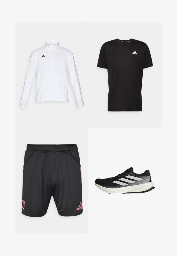 Biela atletická bunda s dlhými rukávmi, vysokým golierom a plným zipsom. Na hornej ľavej strane sa nachádza čierne logo s troma pruhmi.; Čierne bavlnené tričko s krátkymi rukávmi, klasickým výstrihom a bielym logom na ľavej strane hrude. Hladká textúra a jednoduchý dizajn.; Čierne atletické šortky s ružovými akcentmi, elastickým pásom, bočnými vreckami a logom Adidas. Vyrobené z ľahkej, hladkej tkaniny.; Čierna atletická topánka s dizajnom z mriežky, s bielymi prúžkami, zaoblenou špičkou a textúrovanou podrážkou pre lepšiu priľnavosť a podporu.