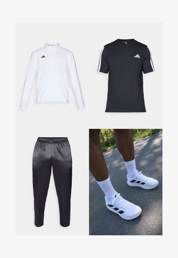 Bílá sportovní bunda s dlouhými rukávy, vysokým límcem a zipem po celé délce. Na horní levé straně je umístěno logo se třemi černými pruhy.; Černé bavlněné tričko s krátkým rukávem, s bílými pruhy na ramenou a bílým logem na levé hrudi.; Černé sportovní kalhoty z hladké, lehké látky s elastickým pasem. Obsahují malé logo na levé straně a zúžené nohavice.; Bílé sportovní boty s černými akcenty, síťovaným svrškem a bílými tkaničkami. Nosené s bílými pruhovanými ponožkami, umístěné na betonovém povrchu.