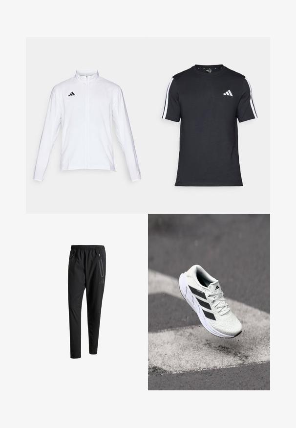 White athletic jacket with long sleeves, high collar, and full-length zipper. Features black three-stripe logo on the upper left side.; Black T-shirt made of cotton with short sleeves, featuring white stripes on the shoulders and a white logo on the left chest.; Black athletic pants with an elastic waistband, two zippered side pockets, tapered legs, and a subtle logo detail on the hip.; White athletic shoe with textured mesh upper, black stripes, lace closure, and a cushioned sole, levitating above a marked road surface.