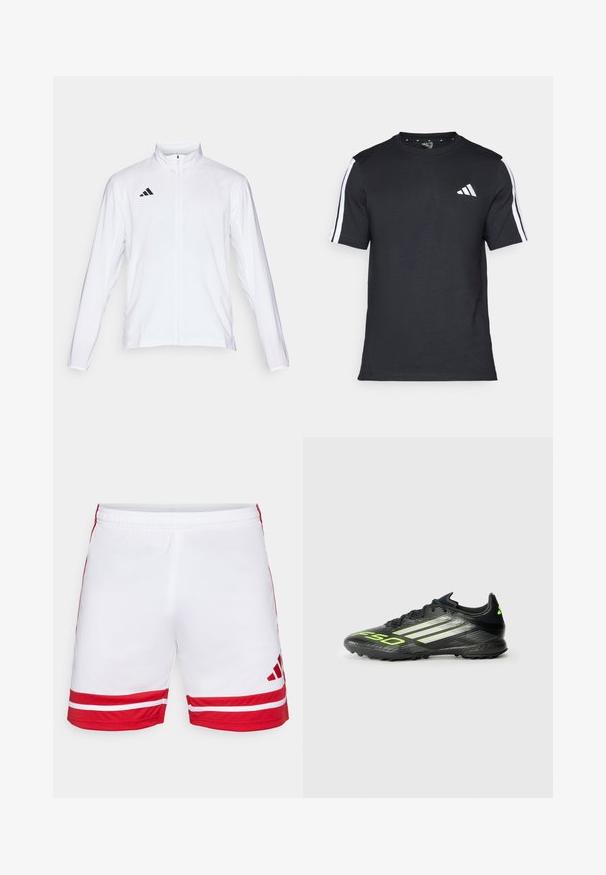 Witte sportjack met lange mouwen, hoge kraag en volledige ritssluiting. Kenmerkt zich door het zwarte drie-streepjeslogo aan de bovenkant aan de linkerkant.; Zwarte T-shirt van katoen met korte mouwen, met witte strepen op de schouders en een wit logo op de linkerkant van de borst.; Witte sportshorts met rode accenten, voorzien van twee horizontale rode strepen aan de onderrand, een elastische tailleband en een logo in de rechterbenedenhoek.; Zwarte voetbalschoen met een gestructureerd oppervlak, voorzien van felle groene accenten en drie witte strepen. Ontworpen voor kunstgras met een rubberen buitenzool.