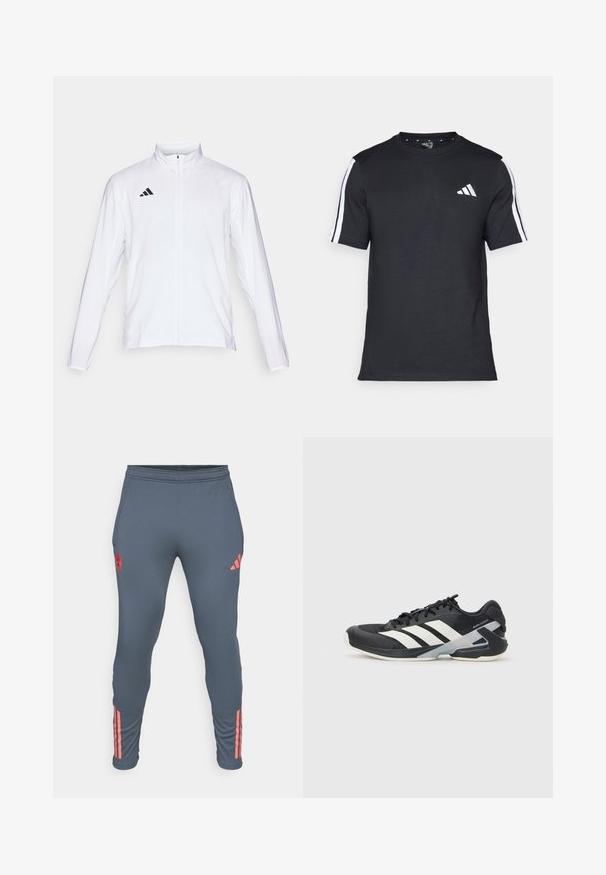 Valge sportlik jakk pikkade varrukatega, kõrge krae ja täispikk lukuga. Omab musta kolme triibu logo vasakul ülal.; Mustvalge T-särk puuvillast, lühikeste varrukatega, millel on valged triibud õlgadel ja valge logo vasakul rinnal.; Hallide tennisepüksid, millel on elastne vöökoht, küljetaskud ja roosa kolme triibu aktsent jalge peal. Vasakule reiele on toodud ümmargune logo.; Mustad sportlik jalanõud mustade värvidega, valgete triipudega, võrgusilma pealmine osa, ümar varvas ja pehme tallaga. Omab tekstureeritud kontsa ja kindlat paeltesüsteemi.