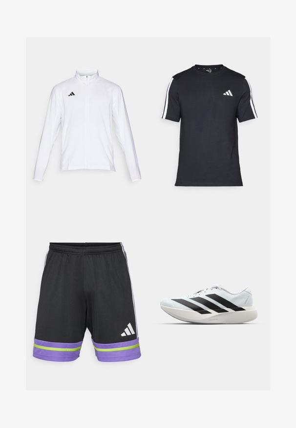 Balta sporta jaka ar garām piedurknēm, augstu apkakli un pilna garuma rāvējslēdzēju. Uz augšējās kreisās puses ir melna trīslīniju logo.; Melna kokvilnas T-kreklā ar īsām piedurknēm, uz kurām ir baltas svītras plecu daļā un balts logos kreisajā krūtīs.; Melni sporta šorti ar purpura un zaļo svītru pie apakšmalas, ar elastīgu jostu un baltu Adidas logo.; Gaiši zili vieglie skriešanas apavi ar melniem svītrainiem. Iezīmēti ar gludu augšpusi, apaļu purngalu un biezāko balto vidējo zoli, kurā ir uzraksts "LIGHTSTRIKE PRO."
