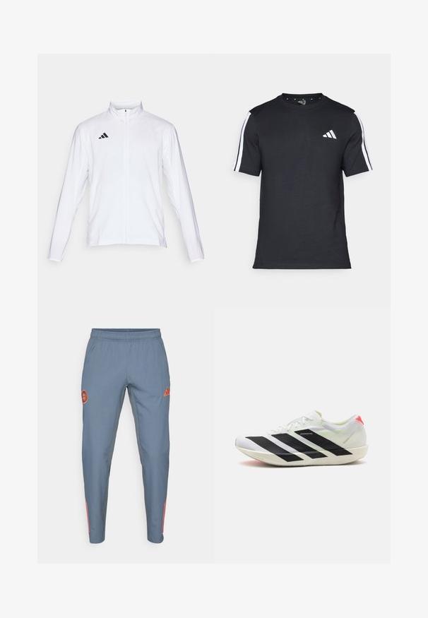 Valge sportlik jakk pikkade varrukatega, kõrge krae ja täispikk lukuga. Omab musta kolme triibu logo vasakul ülal.; Mustvalge T-särk puuvillast, lühikeste varrukatega, millel on valged triibud õlgadel ja valge logo vasakul rinnal.; Heledad sinine spordipüksid elastse vöökoha ja oranži logoga, millel on kolm oranži triipu välisküljel.; Valged sportlikud kingad mustade diagonaalsete triipudega, kerge võrgumaterjal, rohelised aktsendid ja punane kand; omavad sujuvat ja piklikku disaini.