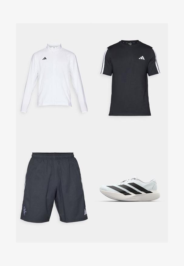 Casaco atlético branco com mangas longas, gola alta e fecho de correr completo. Apresenta o logo preto de três riscas no lado superior esquerdo.; T-shirt preto feito de algodão, com mangas curtas, apresentando riscas brancas nos ombros e um logótipo branco no lado esquerdo do peito.; Calções atléticos pretos feitos de material respirável, com cintura elástica, riscas brancas nas laterais e um logótipo do Manchester United.; Tênis de corrida leves em azul pálido com riscas pretas. Apresentam um cabedal liso, bico redondo e uma entressola espessa branca rotulada como "LIGHTSTRIKE PRO."
